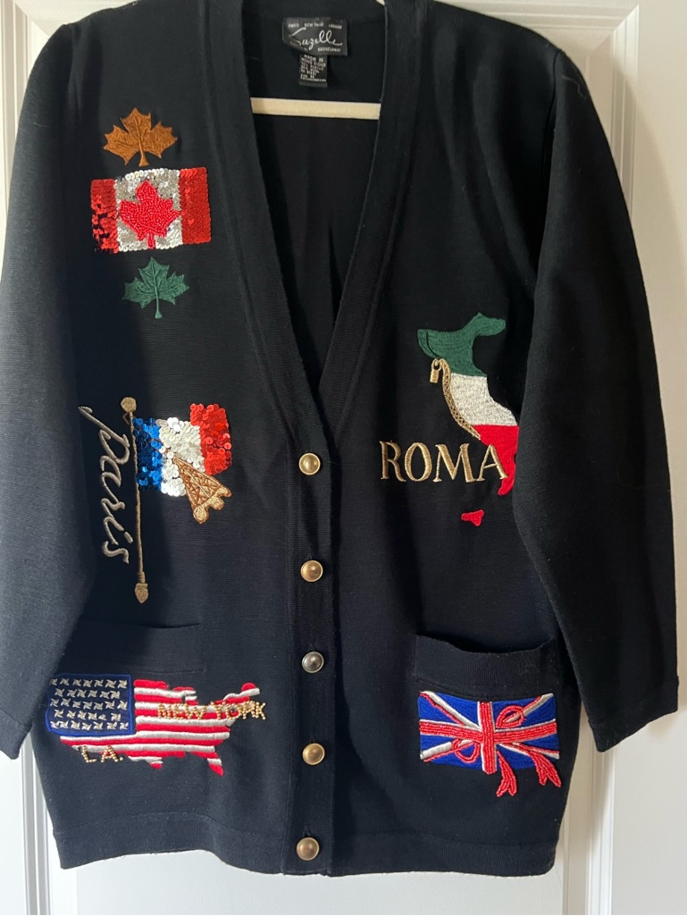 Suzelle Vintage Black Embroidered Travel Flag Cardigan with Multicolor Patches
